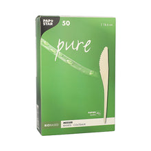 Eine weiße Schachtel mit der Aufschrift "pure" der PAPSTAR GmbH enthält 50 weiße Einwegmesser (18,6 cm), ideal für Partys und Events; die Faltschachtel-Verpackung ist in Deutsch, Englisch und Französisch beschriftet.