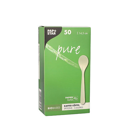 Eine weiße Schachtel mit der Aufschrift „PAPSTAR pure“ enthält 50 nachhaltige Kaffeelöffel aus Papier mit einer Länge von jeweils 14,5 cm. Die Faltschachtel der PAPSTAR GmbH bietet eine umweltfreundliche Alternative für Ihren Kaffeegenuss.