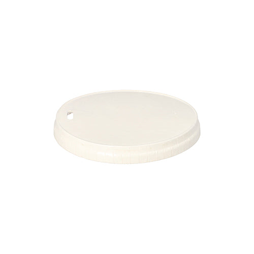 Pictured is a round, flat, white PAPSTAR lid for paper drinking cups (Ø 9 cm) by PAPSTAR GmbH on a solid white background with a small hole at the edge. The package contains 50 pieces.