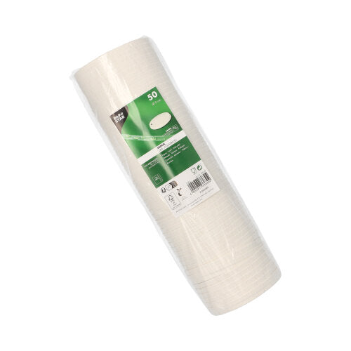 A package with 50 white PAPSTAR GmbH paper lids (Ø 9 cm) for beverage cups, packed in clear plastic with a green and white label containing product details, barcode, and compatibility information.