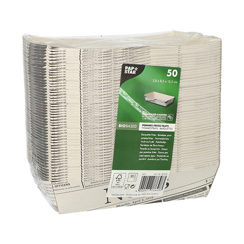 A stack of 50 white PAPSTAR French fry trays "Newsprint" from PAPSTAR GmbH, wrapped in foil with a green-white eco-label - ideal for barbecues.