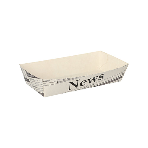 The 50 white "Newsprint" French fry trays from PAPSTAR GmbH have a rectangular shape with newspaper design and "News" on one side, ideal for barbecues.