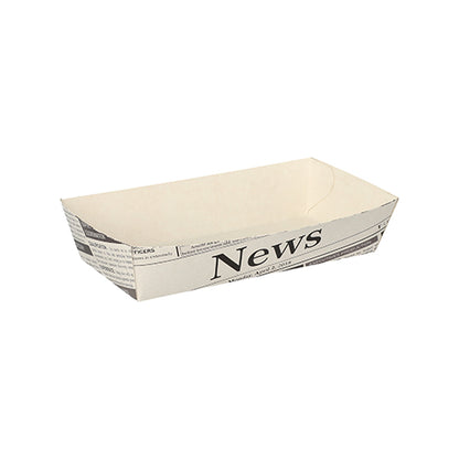 The 50 white "Newsprint" French fry trays from PAPSTAR GmbH have a rectangular shape with newspaper design and "News" on one side, ideal for barbecues.
