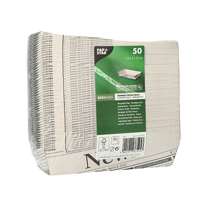 A shrink-wrapped pack of 50 white, rectangular, biodegradable French fry trays "Newsprint" from PAPSTAR GmbH, each measuring 3.5 x 7 x 1.5 cm, with product details and eco-symbols on a green label - perfect for barbecues.