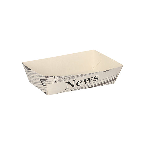 The PAPSTAR 50 white "Newsprint" French fry trays from PAPSTAR GmbH are rectangular, flat paper trays in striking "News" design - ideal for serving French fries at any barbecue.