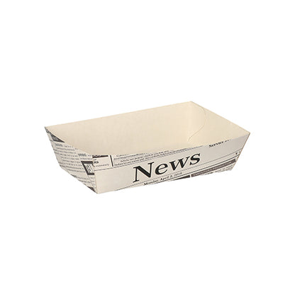 The PAPSTAR 50 white "Newsprint" French fry trays from PAPSTAR GmbH are rectangular, flat paper trays in striking "News" design - ideal for serving French fries at any barbecue.