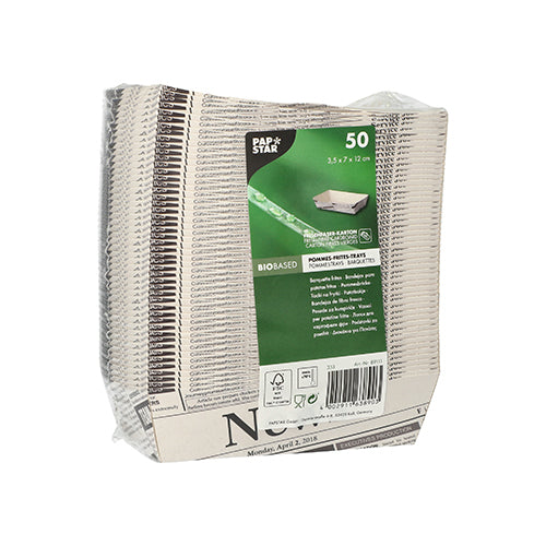 A pack of 50 white PAPSTAR French fry trays "Newsprint" (PAPSTAR GmbH), wrapped in clear foil, dimensions 3.5 x 7 x 1.2 inches, ideal for snack stands, with newspaper design and green product label.