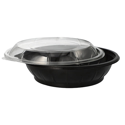 Auf weißem Hintergrund ist ein Starpak 25 Salatschalen PET-Lebensmittelbehälter, 1000 ml, Ø 21,8 cm, 6 cm hoch in Schwarz mit einem klaren „Snap It“ R-PET-Deckel (25 Stück) abgebildet.