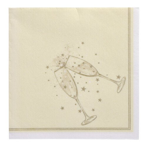 The PAPSTAR 20 napkins "ROYAL Collection" 1/4-fold 40x40 cm of PAPSTAR GmbH feature a beige design with two clinking champagne glasses, a gold rim, and small gold stars - ideal for an elegant table decoration.