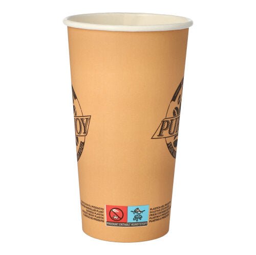 Ein hoher, brauner PAPSTAR 50 Papp-Trinkbecher (0,5 l) der PAPSTAR GmbH mit aufgedrucktem Text, teilweise kreisförmigem Logo und Warnsymbolen in Bodennähe steht auf weißem Hintergrund.