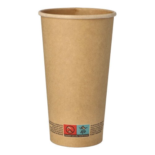 Der PAPSTAR 50 Trinkbecher, Pappe 0,5 l der PAPSTAR GmbH ist ein schlichter brauner Einwegbecher mit leicht ausgestelltem Rand. Am Boden befinden sich kleine Symbole und Texte. Der Fotohintergrund ist weiß.