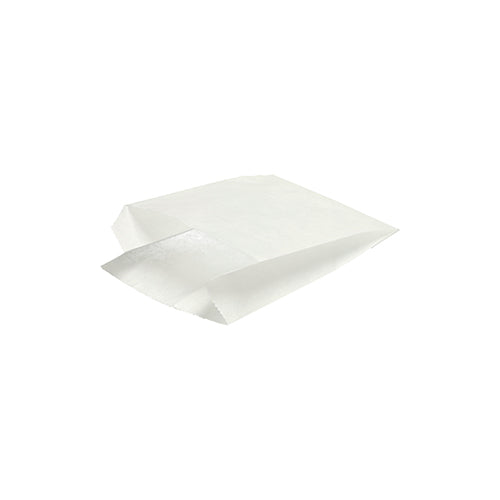 The PAPSTAR 1000 wrap bags (11 x 8 x 4 cm) from PAPSTAR GmbH are simple, white, rectangular paper bags made from sustainable materials. They lie flat, have an open end, and visible creases on a white background.