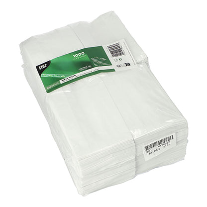 A stack of 1,000 PAPSTAR 1000 wrap bags (11x8x4 cm) from PAPSTAR GmbH, white paper napkins in clear plastic with a green label and visible barcodes; Features: sturdy construction and eco-friendly packaging.