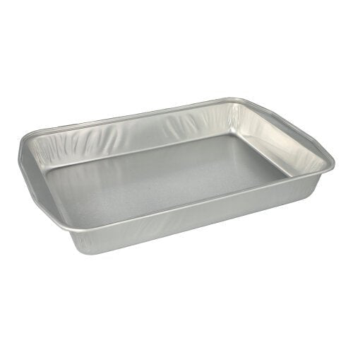 Ein Set mit 5 rechteckigen Starpak-Aluminium-Backformen (3,15 l, 5 x 25 x 36,6 cm, Silber) mit glatter Innenseite und abgerundeten Kanten, in Schrumpffolie verpackt, auf einem schlichten weißen Hintergrund präsentiert.