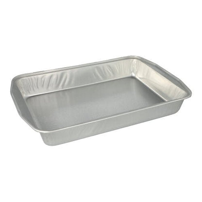 Ein Set mit 5 rechteckigen Starpak-Aluminium-Backformen (3,15 l, 5 x 25 x 36,6 cm, Silber) mit glatter Innenseite und abgerundeten Kanten, in Schrumpffolie verpackt, auf einem schlichten weißen Hintergrund präsentiert.