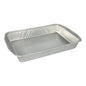 Ein Set mit 5 rechteckigen Starpak-Aluminium-Backformen (3,15 l, 5 x 25 x 36,6 cm, Silber) mit glatter Innenseite und abgerundeten Kanten, in Schrumpffolie verpackt, auf einem schlichten weißen Hintergrund präsentiert.