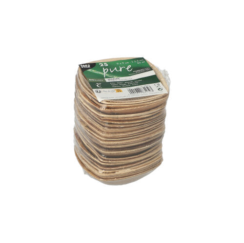 A stack of square, natural palm leaf bowls from the brand PAPSTAR GmbH is wrapped in plastic. A green-white label on top indicates: PAPSTAR 25 palm leaf bowls "pure" "QUADRATO" natural.