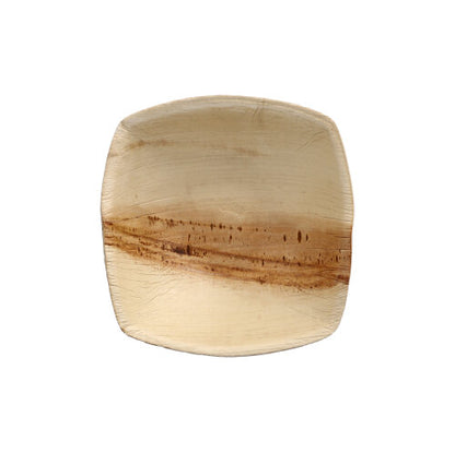 A square, light brown PAPSTAR 25 palm leaf bowls "pure" "QUADRATO" natural plate from PAPSTAR GmbH, with natural grain and a darker horizontal stripe, biodegradable and eco-friendly, on a white background.