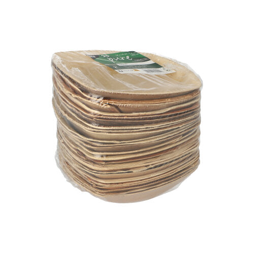 A stack of square, biodegradable PAPSTAR 25 palm leaf bowls "pure" QUADRATO natural plates with rounded edges, made of lightweight palm leaf, wrapped in clear foil and topped with a green-white label from PAPSTAR GmbH.