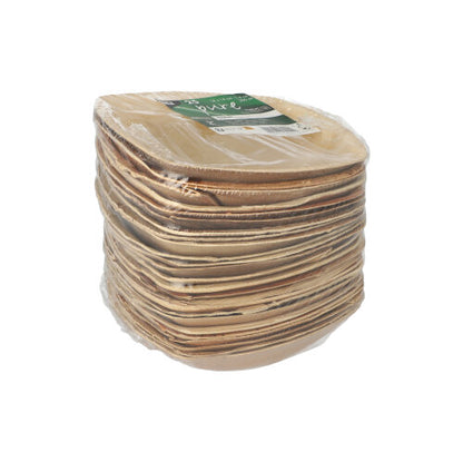 A stack of square, biodegradable PAPSTAR 25 palm leaf bowls "pure" QUADRATO natural plates with rounded edges, made of lightweight palm leaf, wrapped in clear foil and topped with a green-white label from PAPSTAR GmbH.