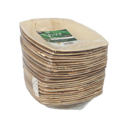 A pack of 25 PAPSTAR "pure" QUADRATO natural palm leaf bowls from PAPSTAR GmbH, made of biodegradable material, oval-shaped, light brown, and packaged in transparent foil with a green label.