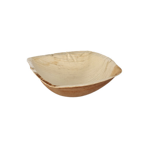 The PAPSTAR 25 palm leaf bowls "pure" "QUADRATO" natural from PAPSTAR GmbH are biodegradable, square disposable bowls with natural wood grain, eco-friendly presented against a white background.