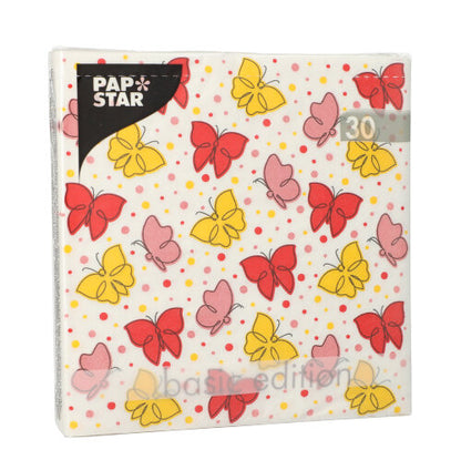 Eine Packung 30 Servietten der PAPSTAR GmbH, 3-lagig, 1/4-Falz, 33x33 cm mit einem Schmetterlingsmotiv in Rot, Gelb und Rosa auf Weiß mit bunten Punkten. Jede Packung enthält 30 Servietten der Basic Edition.