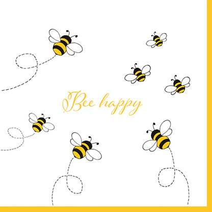 Illustration von sechs Comic-Bienen mit gepunkteten Flugbahnen und „Bee happy“ in gelber Schrift auf weißem Grund, gelb umrandet – ideal für PAPSTAR 30 Servietten, 3-lagig 1/4-Falz (33x33 cm) der PAPSTAR GmbH.