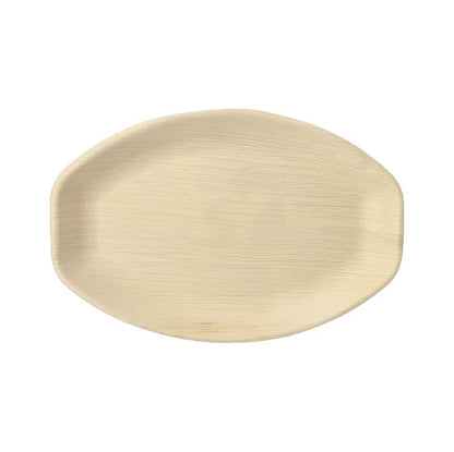 A set of 6 oval, natural-colored palm leaf trays "pure" from PAPSTAR GmbH made of biodegradable material, depicted from above on a white background.