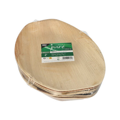 A stack of PAPSTAR 6 trays, palm leaf "pure" oval natural from PAPSTAR GmbH, made of light natural material and wrapped in foil with a green-white label on top.