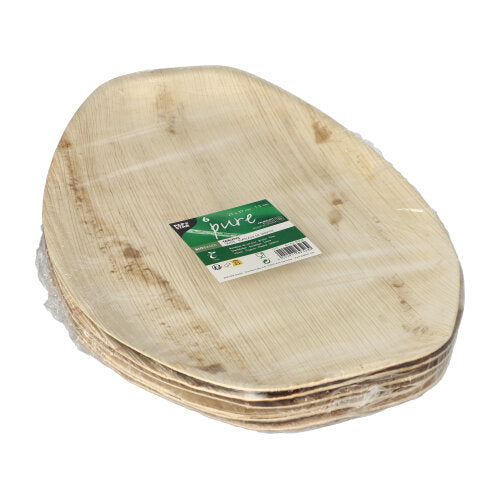 A stack of 6 PAPSTAR trays, palm leaf "pure" oval natural from PAPSTAR GmbH, packed in transparent foil with a green-white label - ideal eco-friendly trays for conscious gatherings.