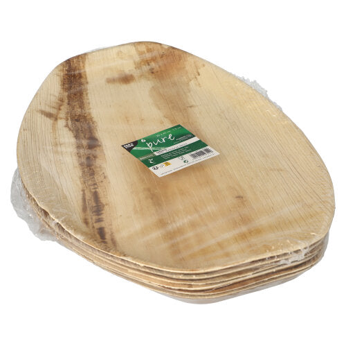 A stack of PAPSTAR 6 trays, palm leaf "pure" oval natural from PAPSTAR GmbH, made of palm leaves in light brown, with a green-white label on top and partially wrapped in clear foil.