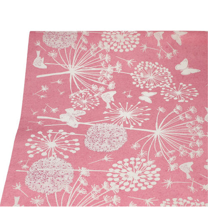 The PAPSTAR tablecloth from PAPSTAR GmbH (paper, 3 m x 1.2 m) features a pink design with white dandelion blooms, butterflies, and flowers on a plain background for an elegant touch.