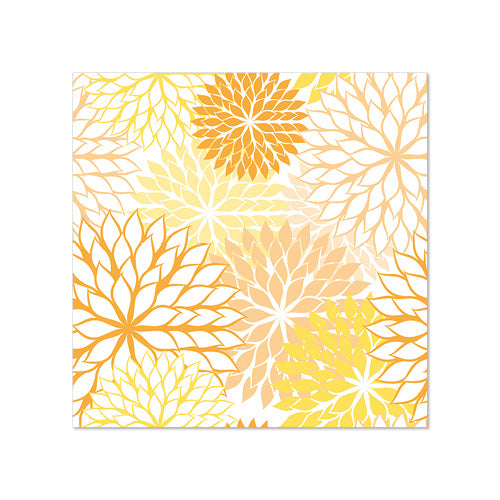 Ein quadratisches Bild mit einem sich wiederholenden Blumenmuster in Gelb, Orange und Beige auf Weiß – ideal für Tischdekoration oder als lebendige PAPSTAR 20 Servietten (25 x 25 cm, 3-lagig, 1/4-Falz) von der PAPSTAR GmbH.