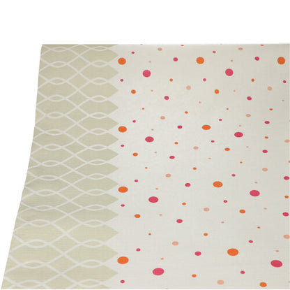 The PAPSTAR tablecloth (paper, 3 m x 1.2 m) from PAPSTAR GmbH is rectangular and beige with a vertical design: geometric wave lines on the left side and scattered red, pink, orange dots on the right side – perfect for an elegant decoration.