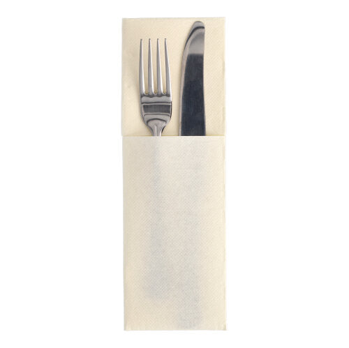 A fork and a knife by PAPSTAR GmbH from the ROYAL Collection are arranged side by side in a cutlery fold pocket of a 48x30 cm PAPSTAR 50 napkins "ROYAL Collection", viewed from above on a white background.