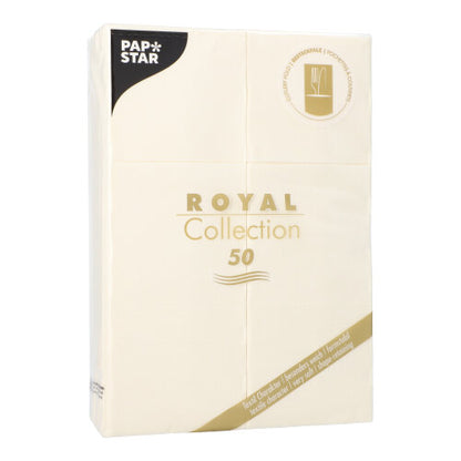 A package of 50 cream-colored PAPSTAR napkins "ROYAL Collection" (48 x 30 cm, cutlery fold) by PAPSTAR GmbH is delivered in packaging with gold-white text, a logo, and information in the upper right corner.