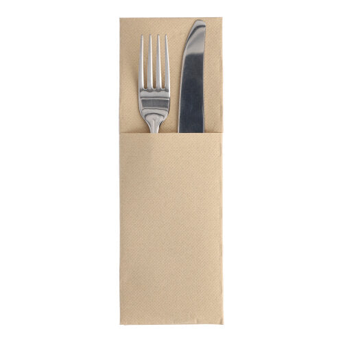 In a napkin sleeve "ROYAL Collection" 48 x 30 cm with cutlery fold by PAPSTAR GmbH (50 pieces), there are stainless steel fork and knife, with the cutlery partially visible above the top edge of the sleeve.