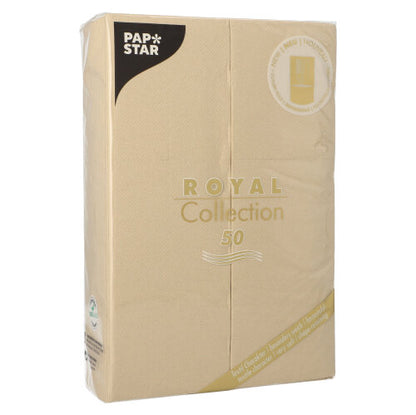 A sealed beige package of 50 napkins "ROYAL Collection" 48 x 30 cm with cutlery fold by PAPSTAR GmbH, with gold-white branding and product information on the front.