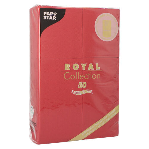 A pack of 50 napkins from the "ROYAL Collection" by PAPSTAR GmbH, 48 x 30 cm, with cutlery fold, is available in red with golden lettering and wrapped in transparent foil for more freshness.