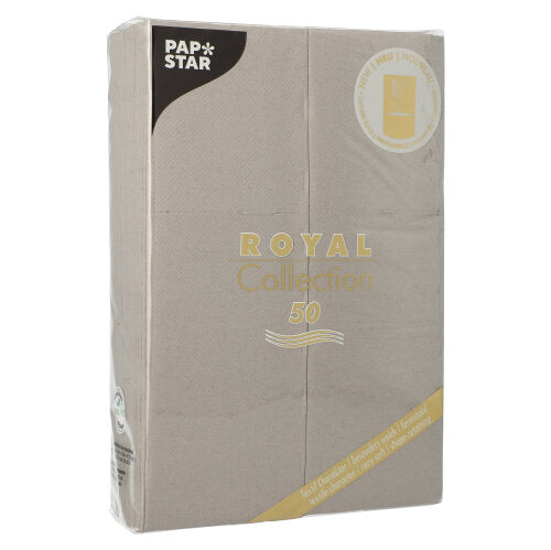 A sealed package of 50 PAPSTAR napkins "ROYAL Collection" 48 cm x 30 cm with cutlery fold by PAPSTAR GmbH stands upright and is adorned with gold-white text and a round emblem on the packaging.