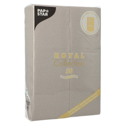 A sealed package of 50 PAPSTAR napkins "ROYAL Collection" 48 cm x 30 cm with cutlery fold by PAPSTAR GmbH stands upright and is adorned with gold-white text and a round emblem on the packaging.