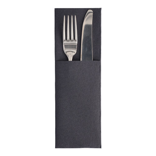 A silver fork and knife rest in a PAPSTAR GmbH napkin "ROYAL Collection" 48x30 cm with cutlery fold, with the handles visible above the black sleeve.