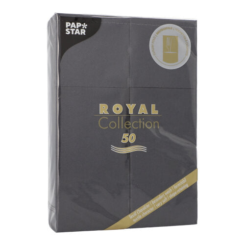 A sealed package of 50 napkins "ROYAL Collection" 48 x 30 cm with cutlery fold by PAPSTAR GmbH, with gold-white text and a round emblem in the upper right corner.