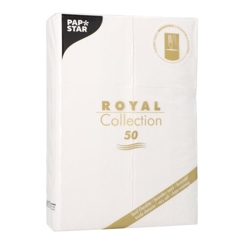A package of 50 PAPSTAR napkins "ROYAL Collection" (48 x 30 cm) with cutlery fold by PAPSTAR GmbH in white-gold design and in branded packaging.