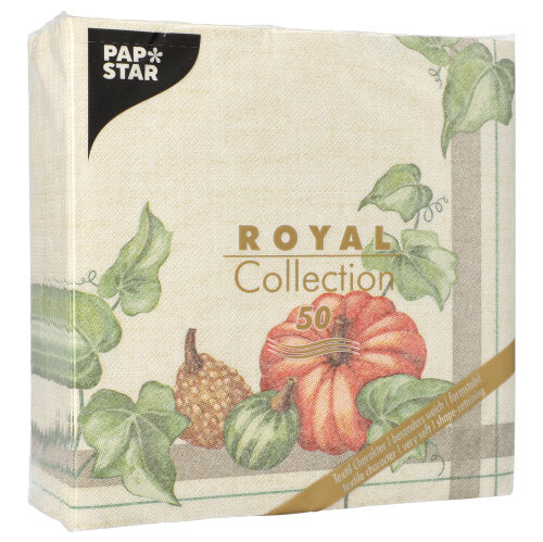 Ein 50er-Pack PAPSTAR Servietten "ROYAL Collection" (1/4-Falz, 40x40cm) der PAPSTAR GmbH mit einem beige-grünen Kürbis-, Kürbis- und Blättermotiv.