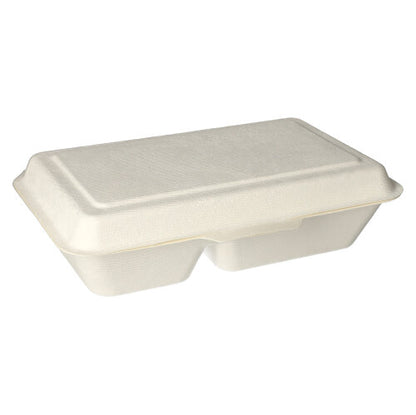 The PAPSTAR menu boxes sugarcane "pure" is a closed, beige, rectangular takeout box (2 compartments, 6.5x24x15.5 cm) made of biodegradable material from PAPSTAR GmbH, depicted on a simple white background.