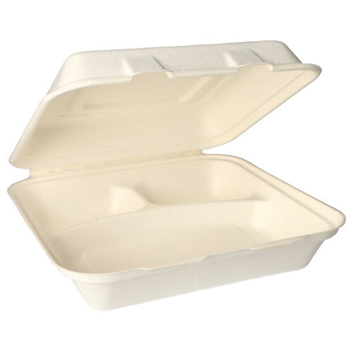 The PAPSTAR menu boxes sugarcane "pure" 3-compartment, 24x24 cm, from PAPSTAR GmbH, is a beige, rectangular clamshell box for takeout made from biodegradable material - ideal for eco-friendly disposable packaging (300 pieces).