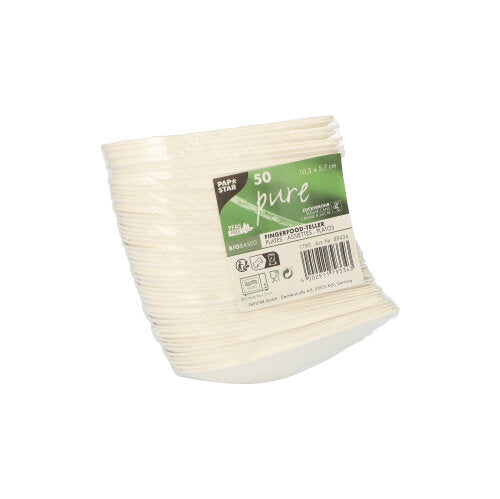 A stack of 50 white oval PAPSTAR finger food plates (sugarcane "pure"), brand of PAPSTAR GmbH, with a green-white label with product details, size and eco-friendly symbols for biological degradation.