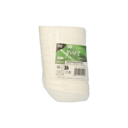 50 white finger food bowls made from sugarcane "pure" from PAPSTAR GmbH, packaged in plastic with green-white label and eco-symbols – the sustainable alternative for eco-conscious connoisseurs.